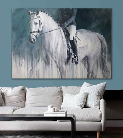 white horse oil painting as a large abstract dressage portrait