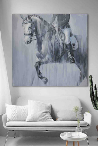 grey white horse painting of dressage in contemporary abstract realism acrylic