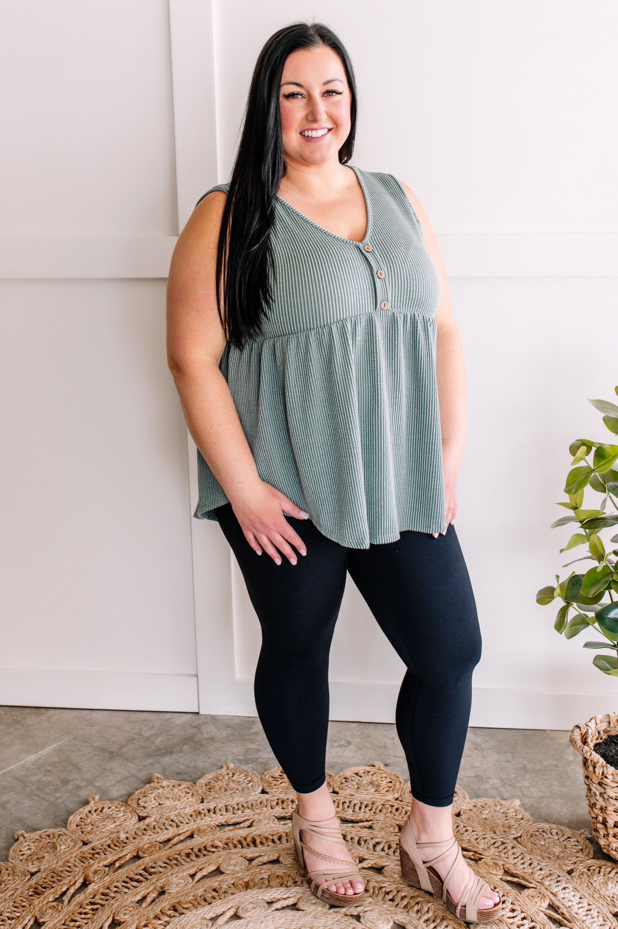 3.29 Sleeveless Babydoll Top With Button Detail In Rustic Sage