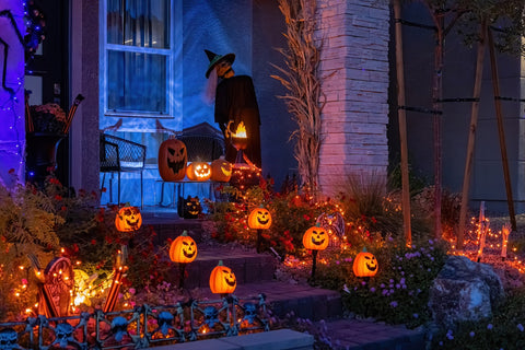 Halloween LED lights lining walkway