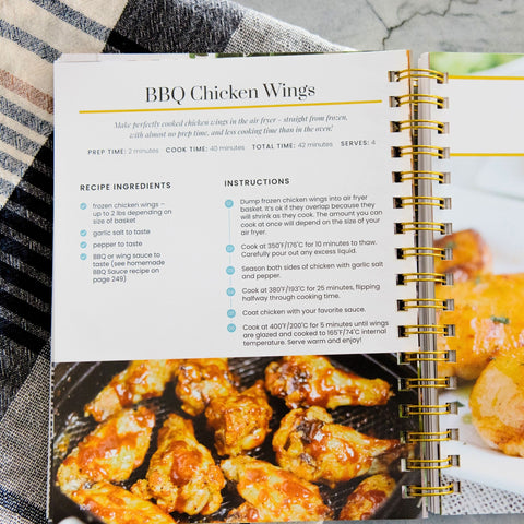 Air Fryer Recipes cookbook open to BBQ Chicken Wings recipe