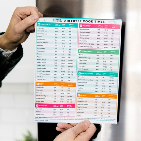 Magnetic Air Fryer Cheat Sheet on a Refrigerator