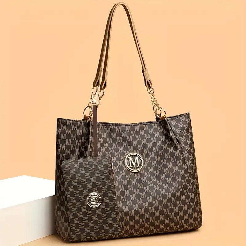 2pcs womens vintage shoulder bag set large capacity tote bag with fixed shoulder strap synthetic zipper closure polyester lining lightweight random print design   daily commuting and carrying cell phones details 6