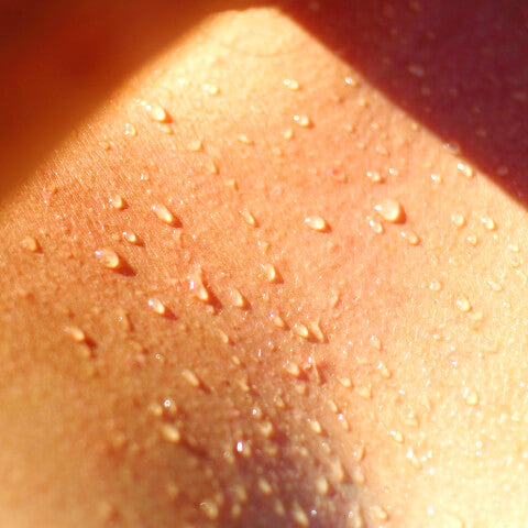 A close up of a body sweating