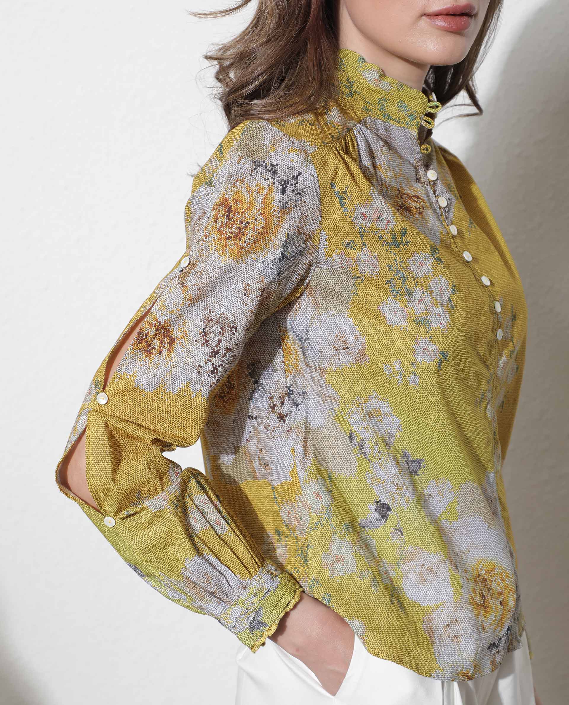 Mandarin Collar Yellow Rayon Embroidered Tunic, Paradise-1023