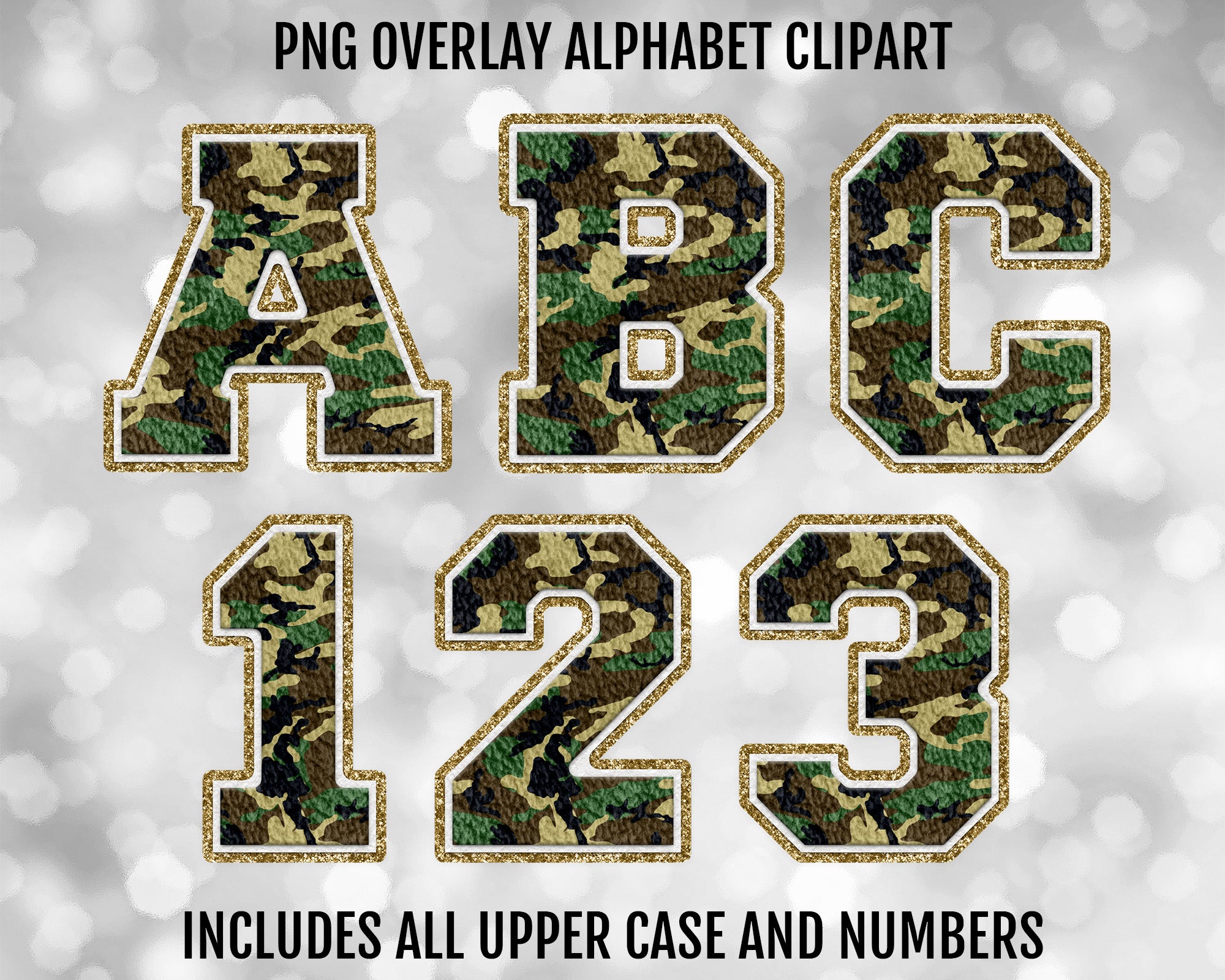 Green Camo and Gold Glitter Faux Chenille PNG Alphabet Letters and Numbers Bundle, PNG Sublimation Font Clipart, Instant Digital Download