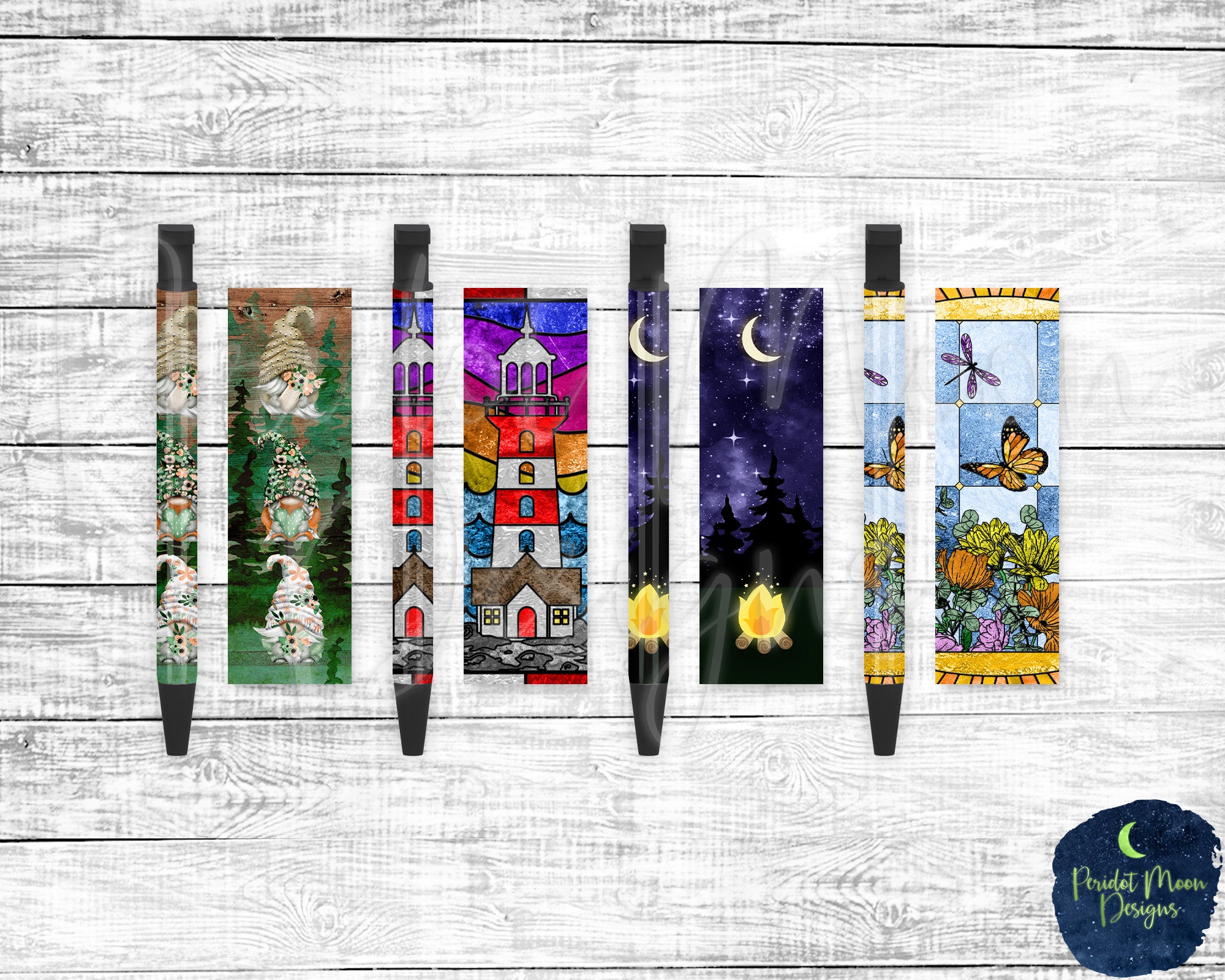 Pen Wrap Set, Scenic Designs, Night Sky, Lighthouse, Wildflowers, Gnomes, PNG Sublimation Design, Instant Digital Download, Mockup Included