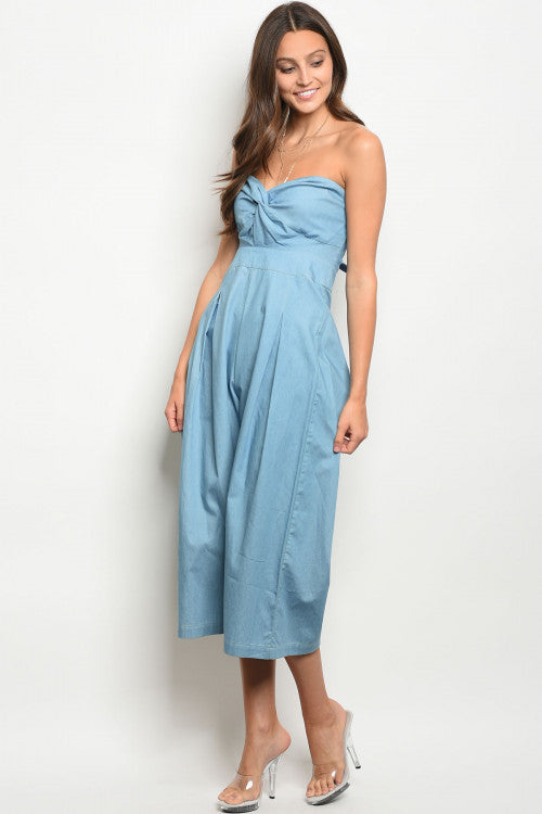 light blue strapless jumpsuit