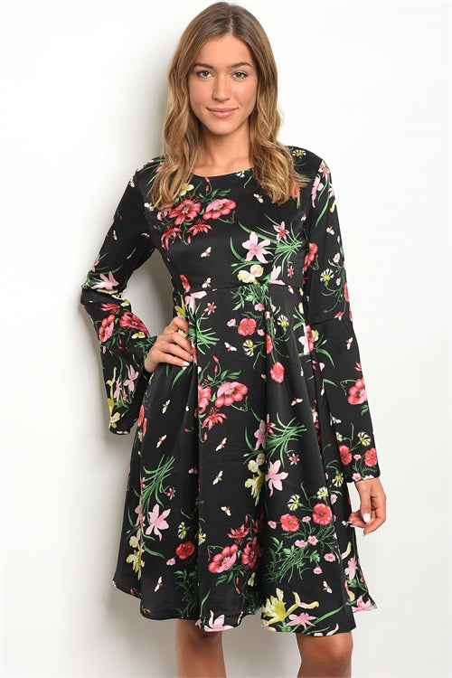 black floral dress with bell sleeves