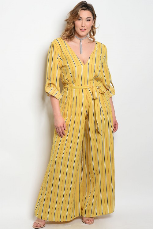 yellow jumpsuit with black stripe