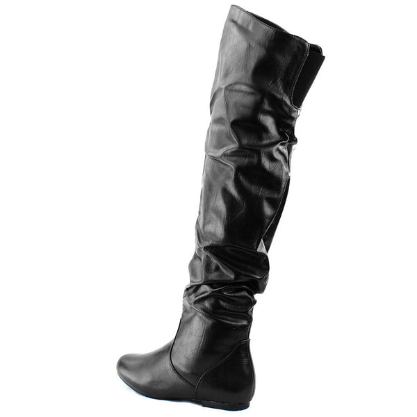 black thigh high flat boots faux leather