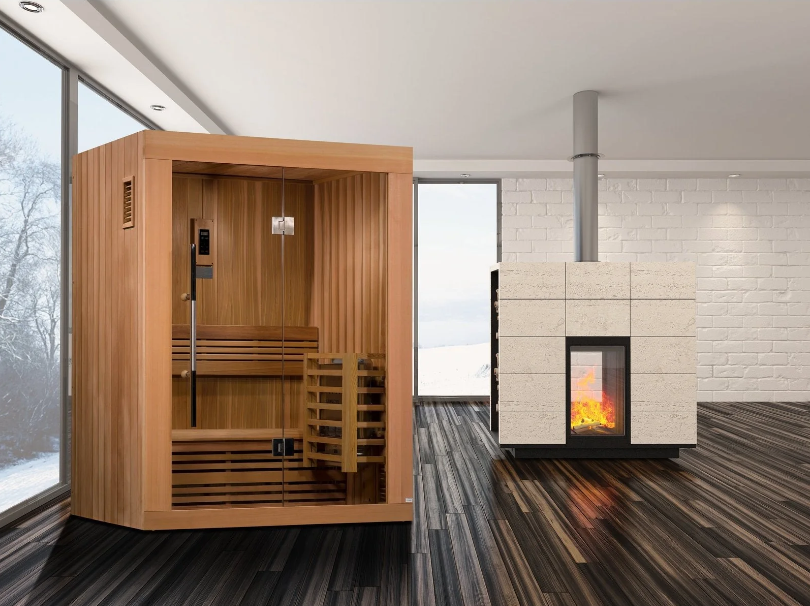 rown 2-person indoor sauna beside an external wood-burning stove with chimney