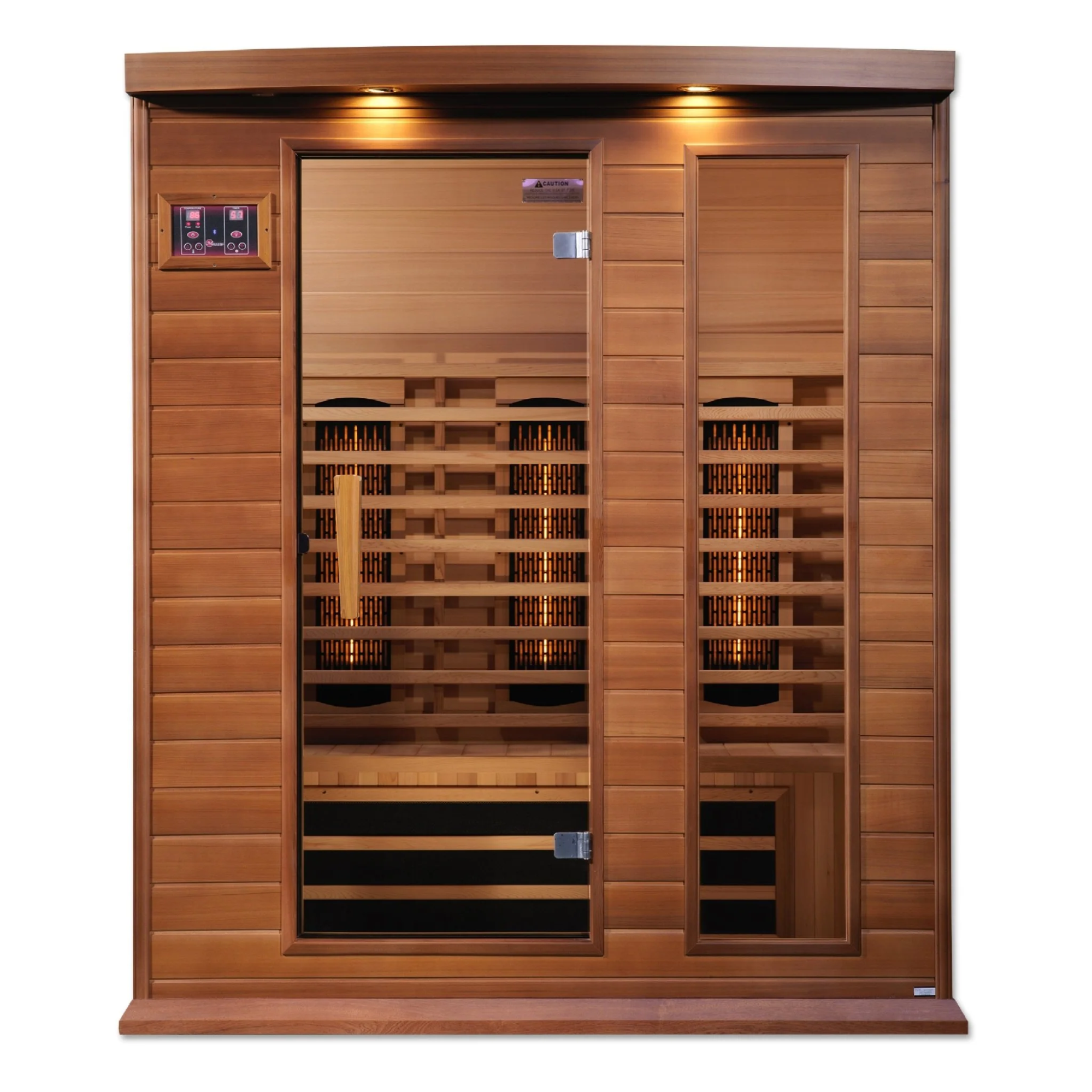 Maxxus 3-person wood infrared sauna with an LED control panel and a glass door