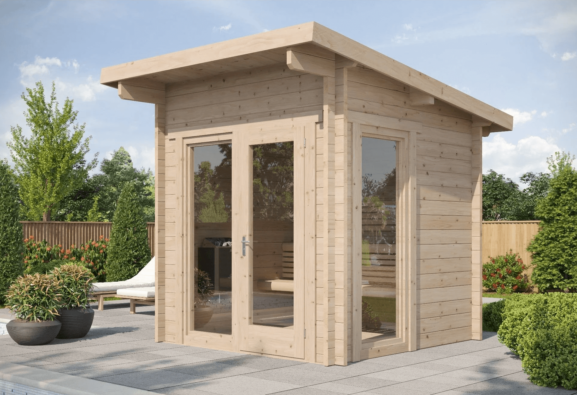 6-person white outdoor sauna in a garden