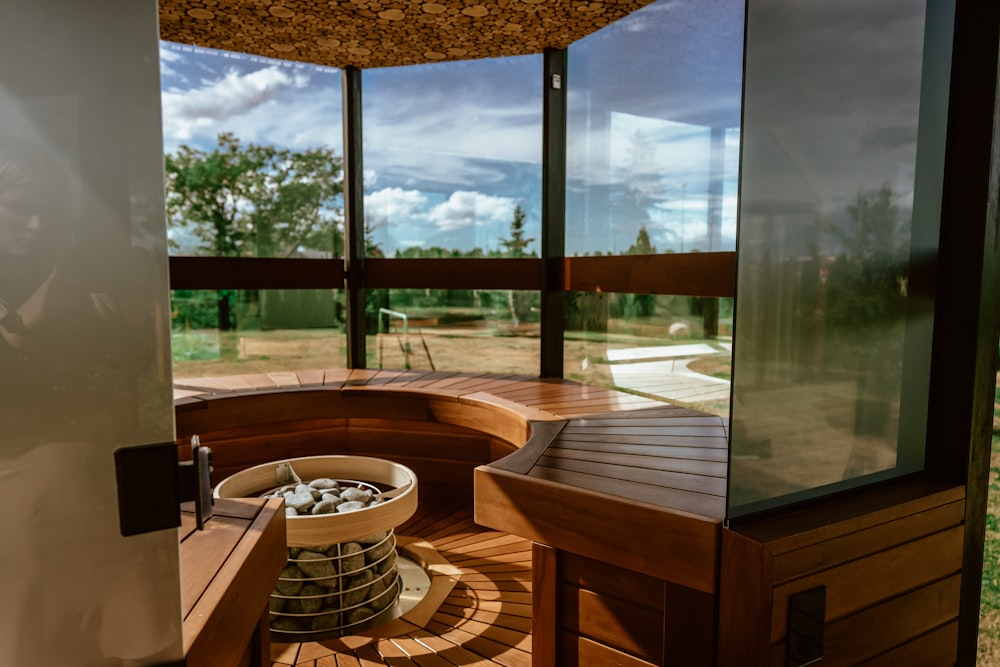 modern designed sauna room with glass wall and door