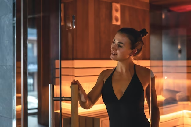 young woman exiting a sauna