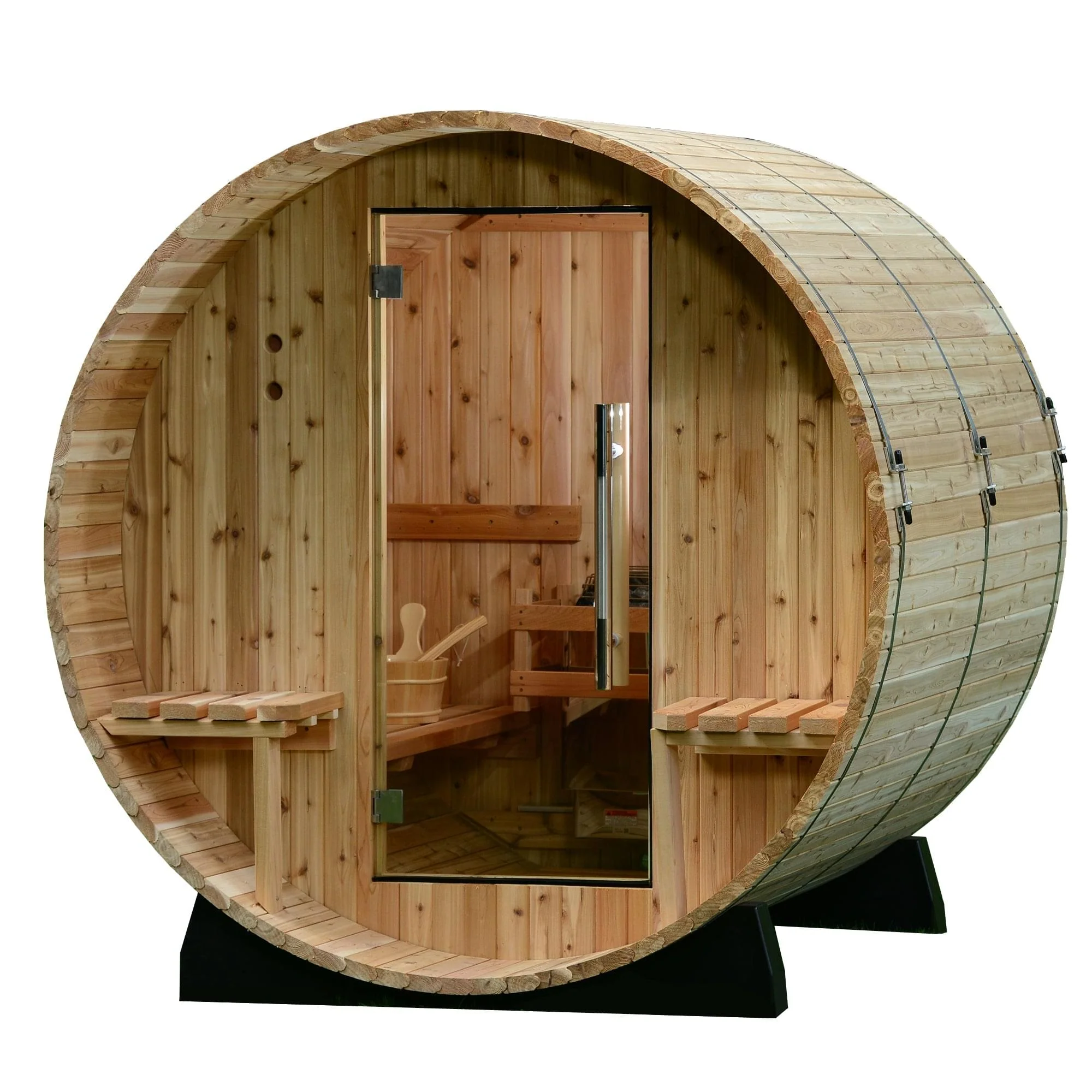Audra, a barrel-shaped 2–4 person wood sauna with small benches, a canopy, and a glass door