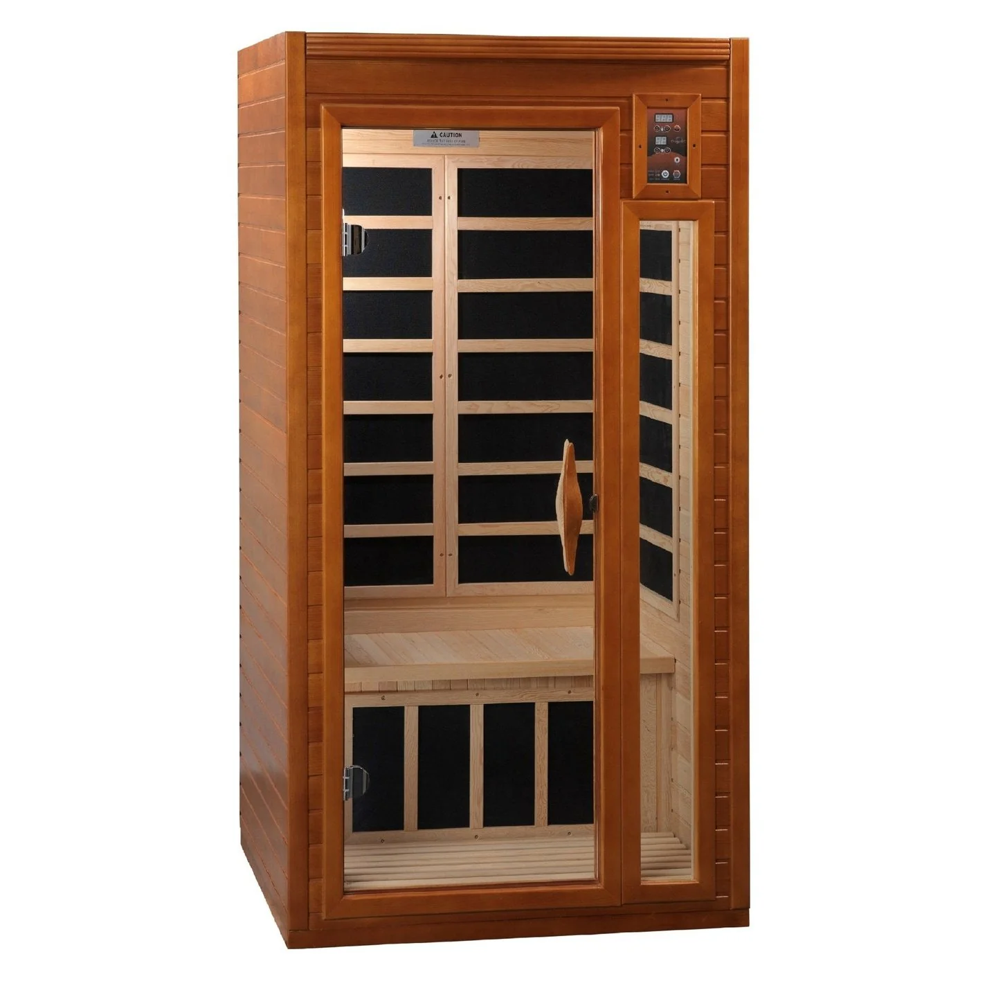 Barcelona Elite, a mahogany-brown 1–2 person infrared sauna with a glass door