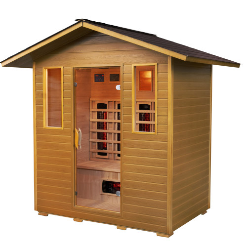 Cayenne, a 4-person light-brown sauna with a roof and glass windows and door