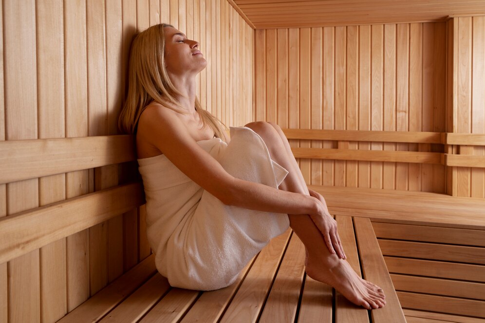 woman sitting and relaxing inside a sauna room