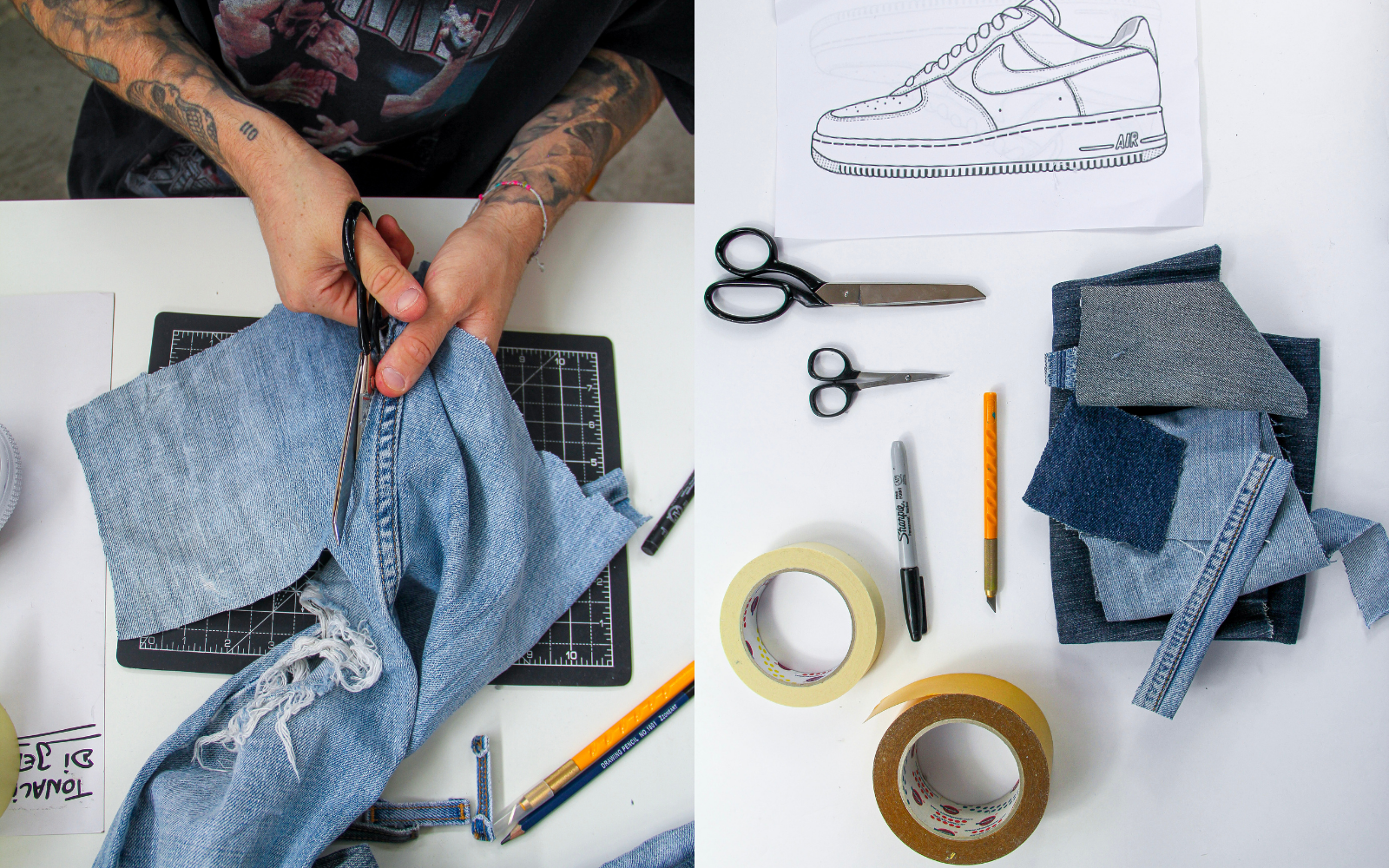 Progetto di design con uso di jeans riciclato e diversi strumenti