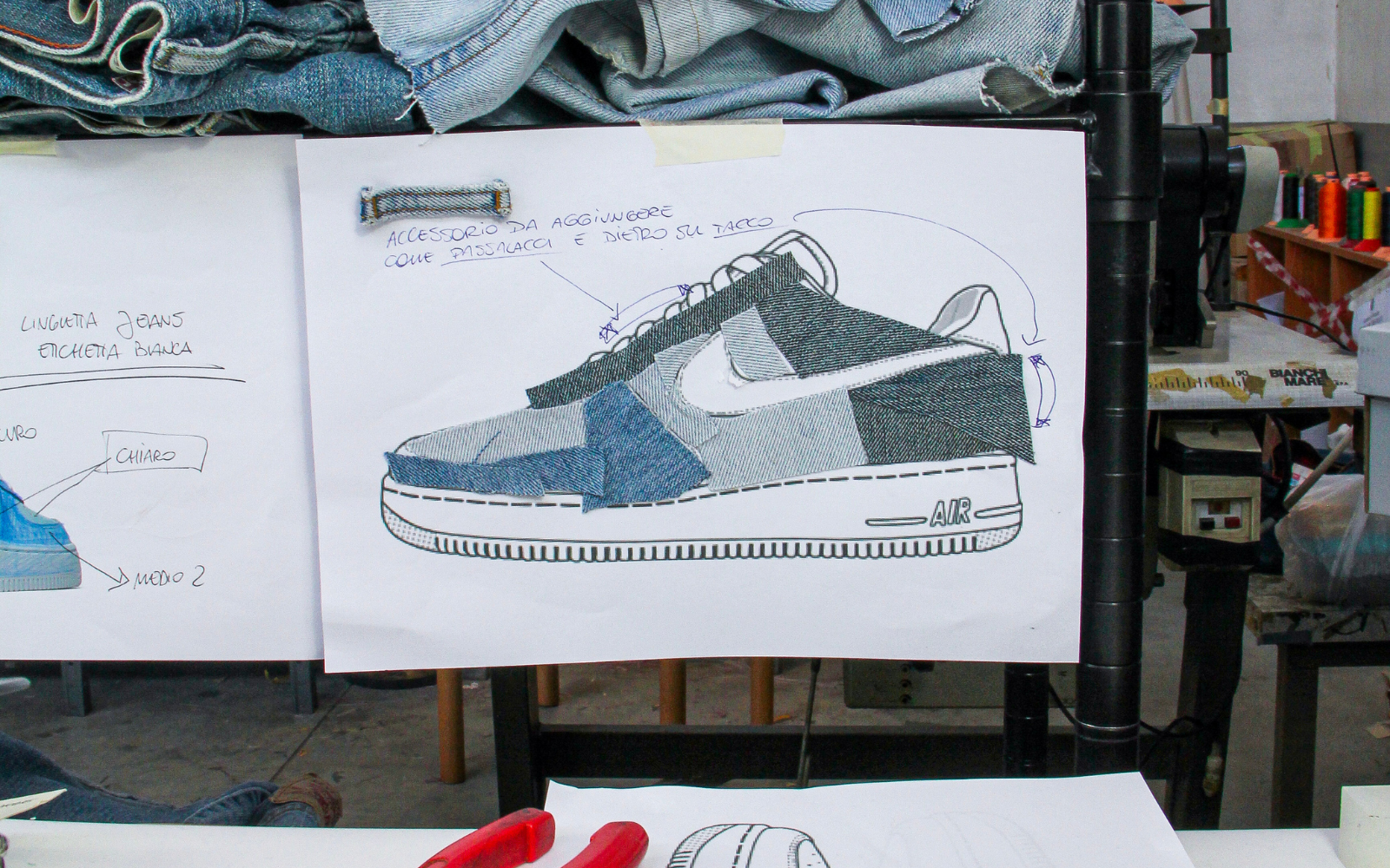 Sheet with project of a Nike Air Force 1 sneaker with denim fabric scraps