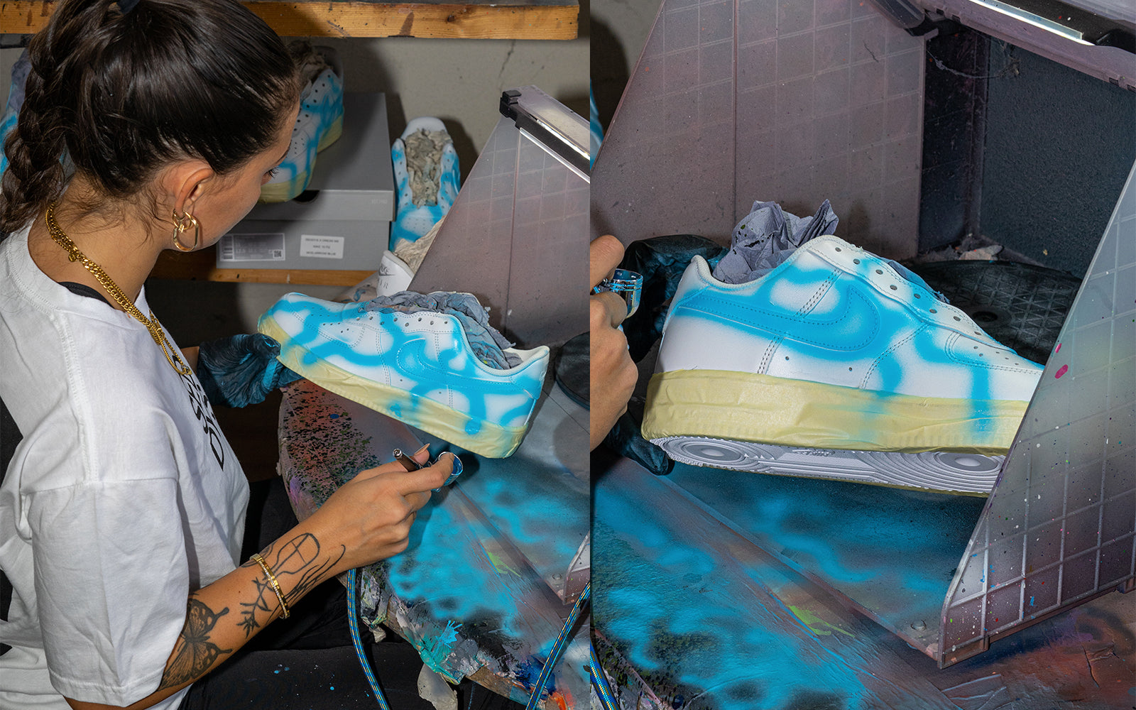 Ragazza del team creativo di SEDDYS usa l'aerografo per personalizzare una sneaker