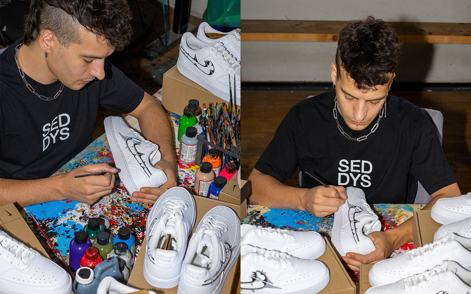 Artist from the SEDDYS creative team customizes a sneaker by drawing