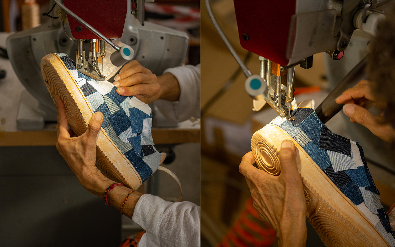 SEDDYS team seamstress sews denim fabric onto a sneaker