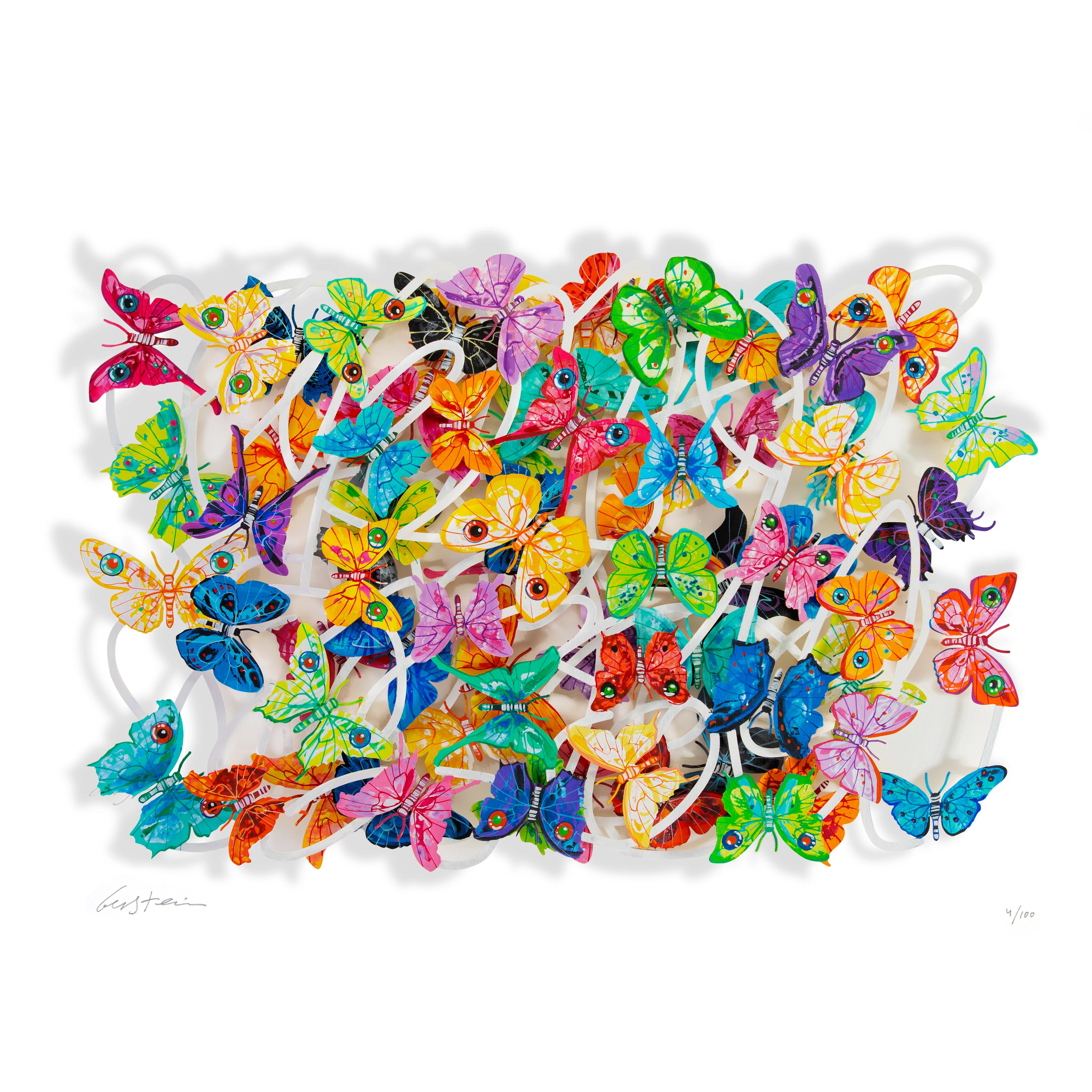 many colorful butterflies cut out from paper on a white background