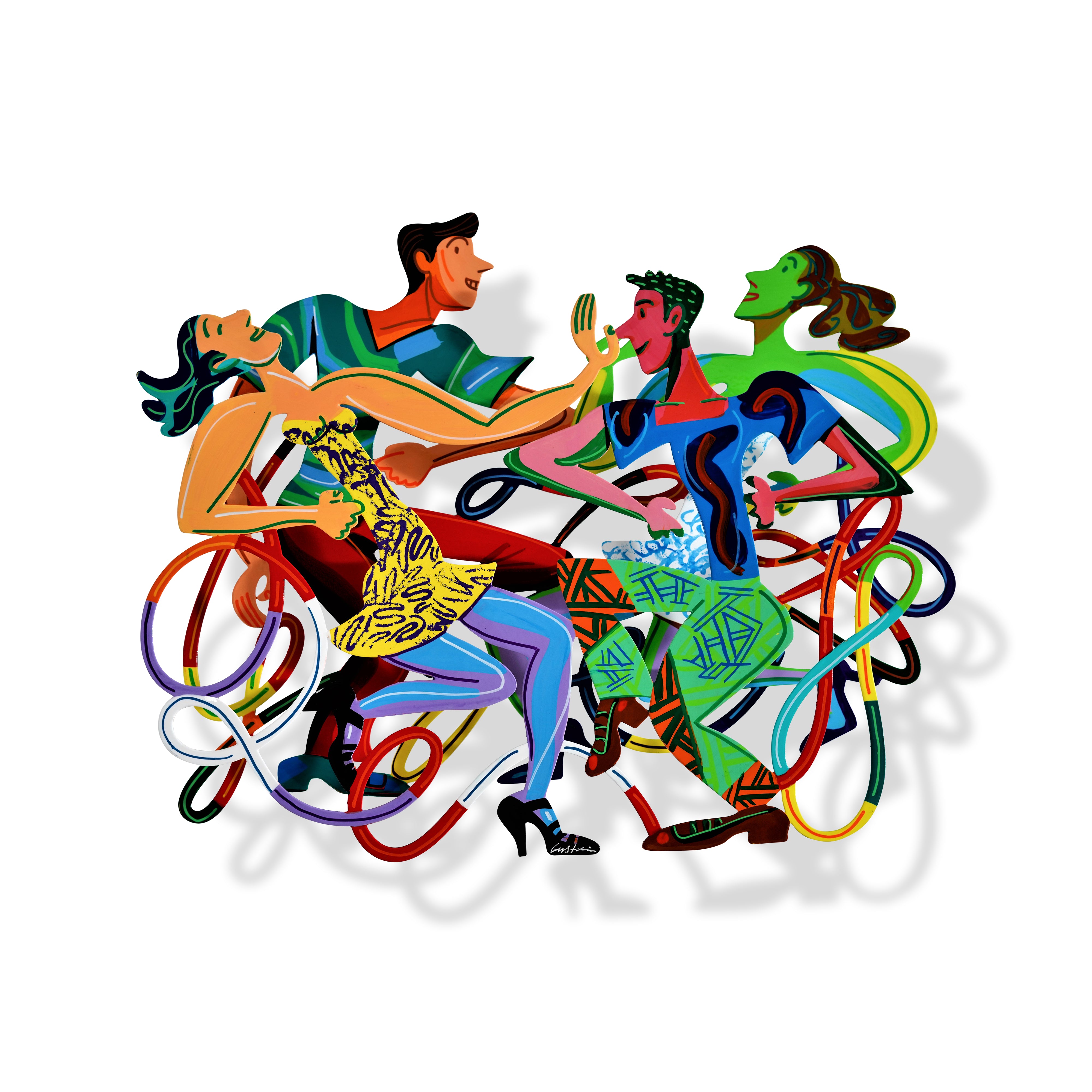 four dancers moving to the music as represented by brightly colored squiggly lines