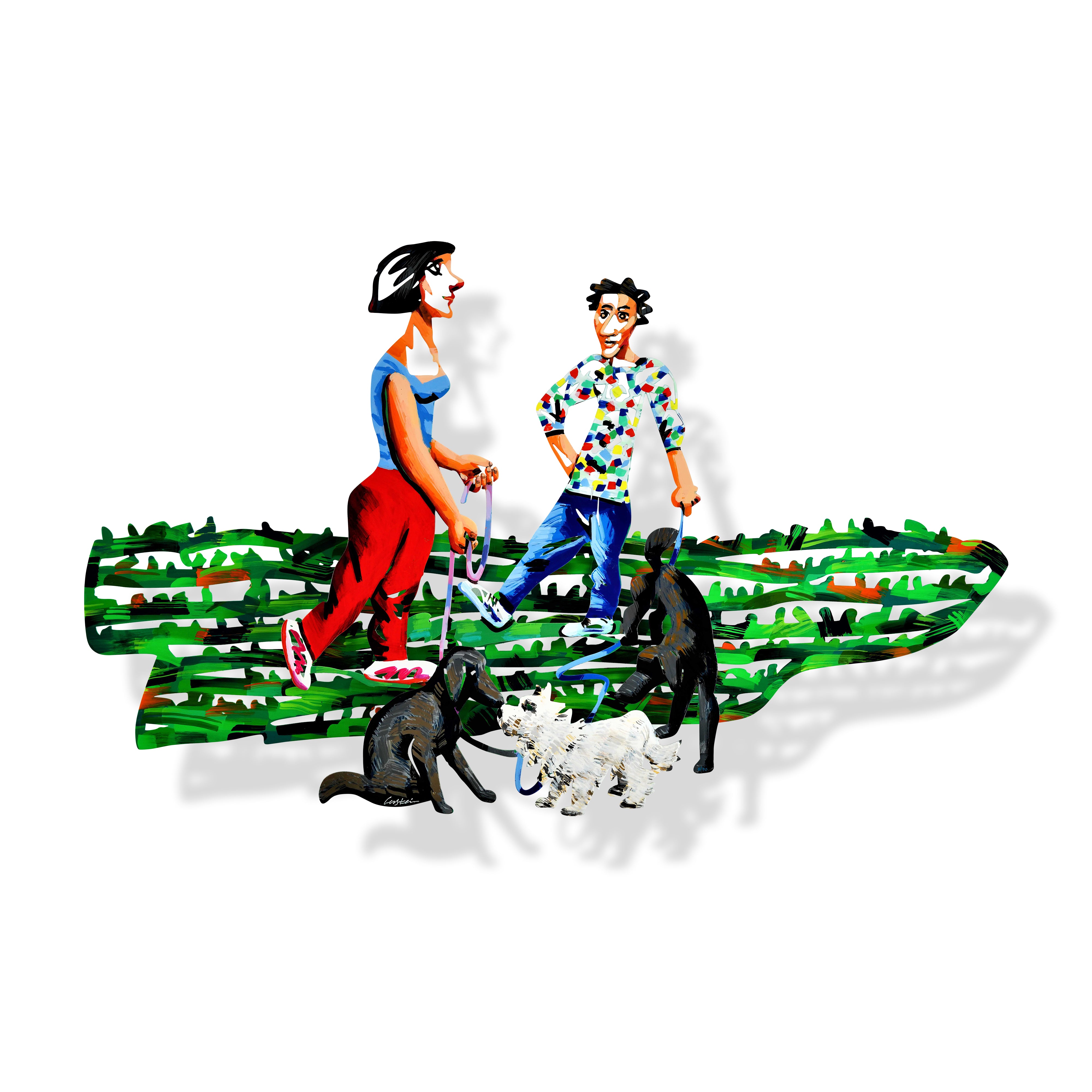 David Gerstein's wall sculpture of two people walking theri dogs