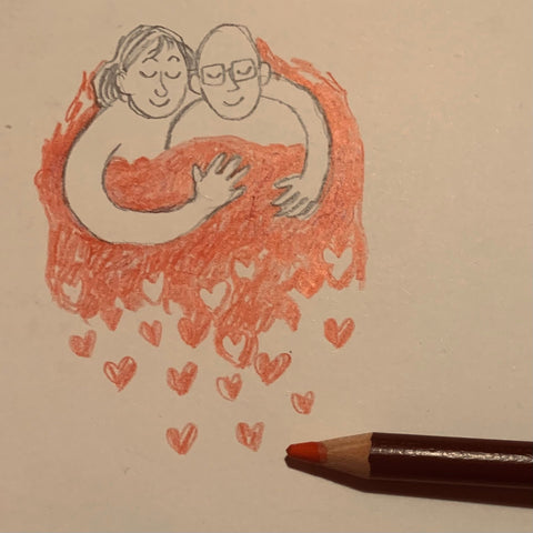 Een lieve illustratie van Linda van Erve waarin twee fijne mensen, omgeven door hartjes en een zacht rode kleur, elkaar steunen