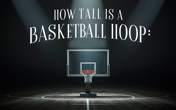 An illustration of a short basketball hoop with the wording How Tall Is a Basketball Hoop above the basketball hoop. Three spot lights are shining on top of the basketball hoop with some fog in the distance.