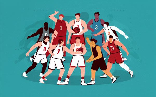 An illustration depicting a group of basketball players from two teams engages in a game on a court, with some players shooting, dribbling, and defending against each other.