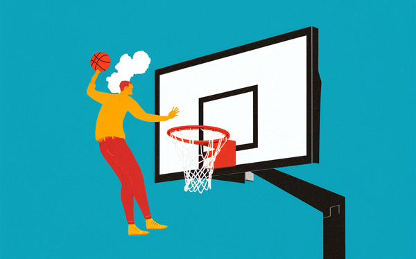 An illustration of a person in orange and red clothing shooting a basketball toward a portable basketball hoop on a blue background.