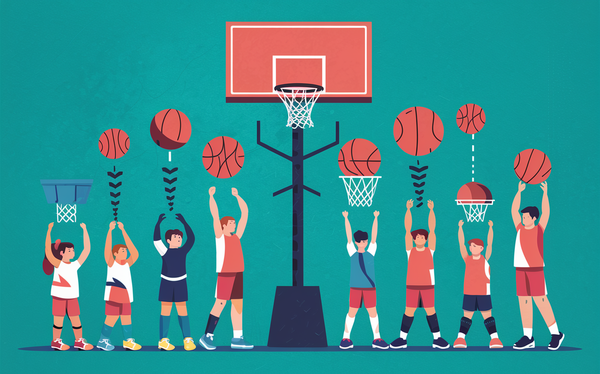 An illustration depicting a group of basketball players of all ages and sizes under a basketball hoop.