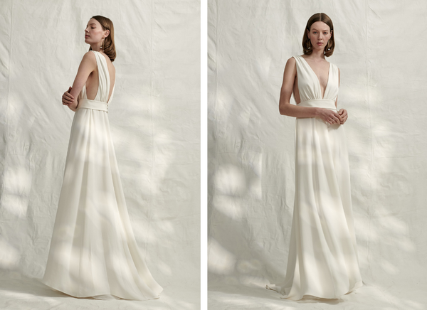Woman wears silk crepe wedding gown with plunge back and front and belt.
