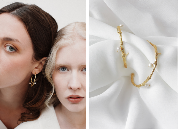 gold plated organic branch earring hoops with freshwater pearls