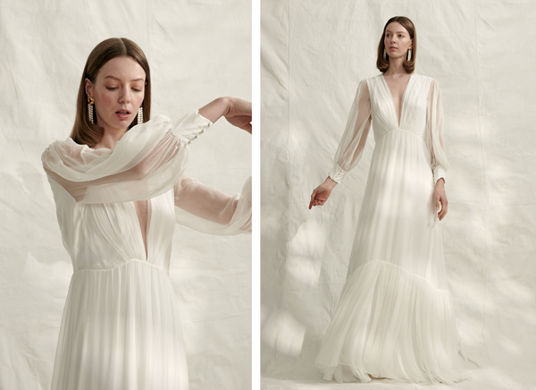 Woman wears chiffon plunge front wedding gown with soft floaty sheer sleeves