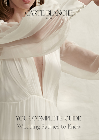 Complete guide wedding fabrics to know banner. Featuring a woman wearing silk chiffon wedding dress.