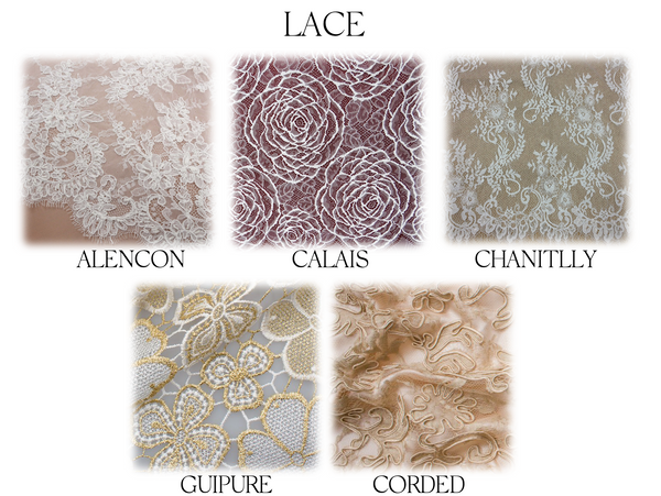 lace fabric guide including images of calais, guipure and chantilly lace