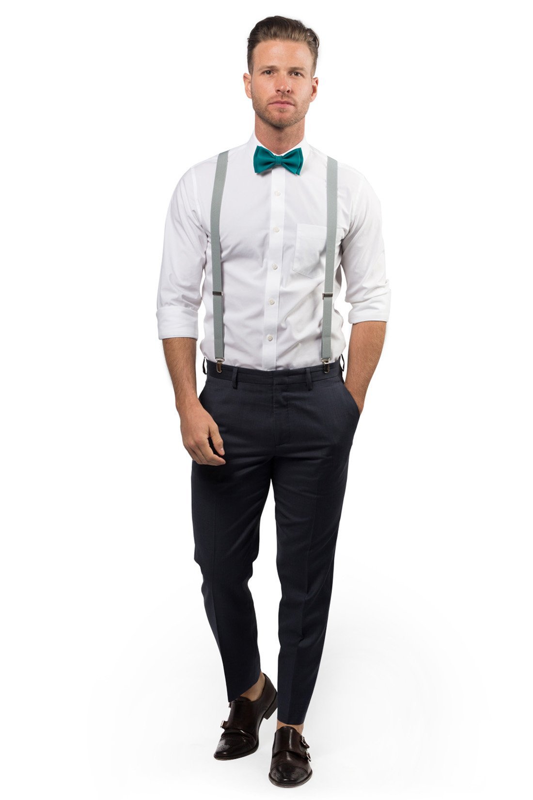 Light Grey Suspenders & Teal Bow Tie - Baby to Adult Sizes– Armoniia