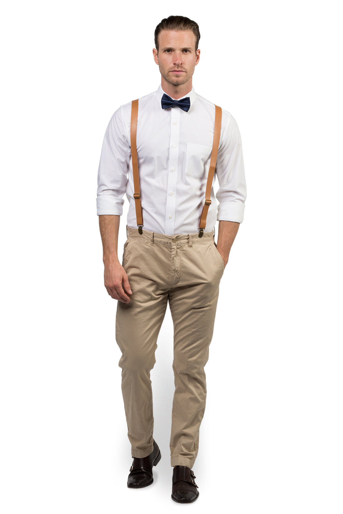 Tan Leather Suspenders & Navy Bow Tie - Baby to Adult Sizes– Armoniia
