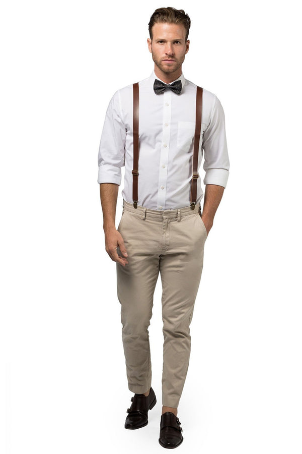 Brown Leather Suspenders & Black Polka Dot Bow Tie - Baby to Adult ...