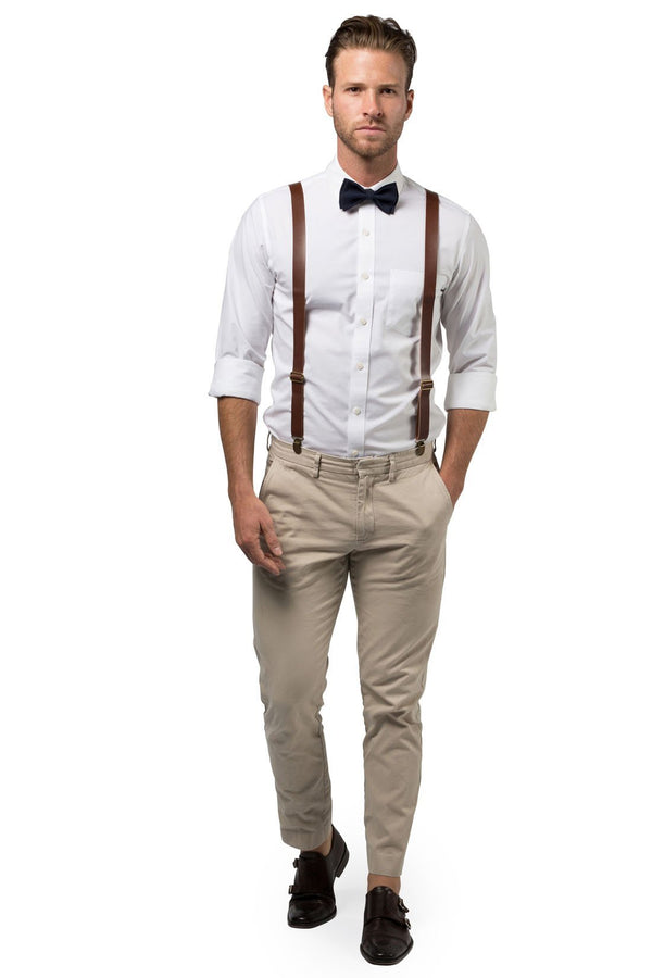 Brown Leather Suspenders & Navy Bow Tie - Baby to Adult Sizes– Armoniia
