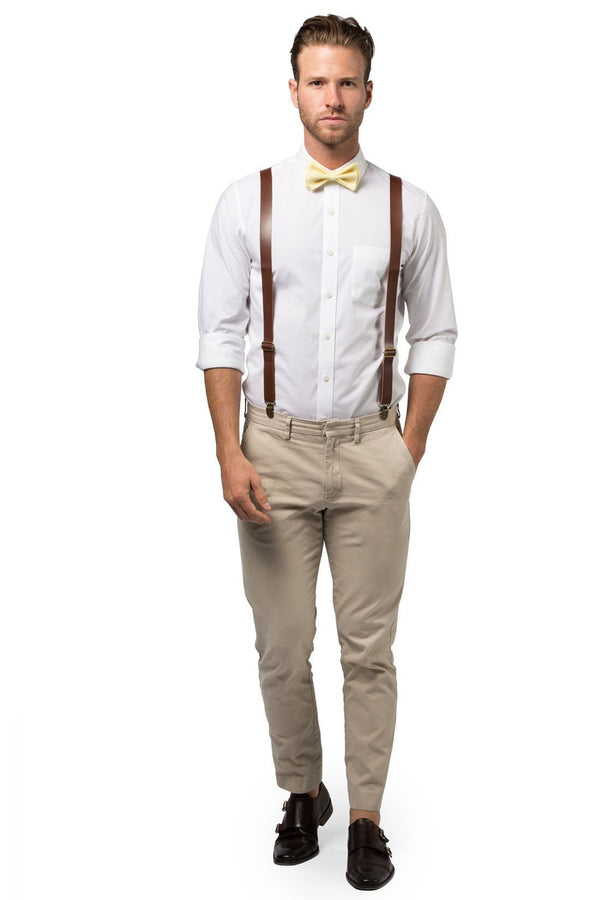 Brown Leather Suspenders & Yellow Bow Tie - Baby to Adult Sizes– Armoniia
