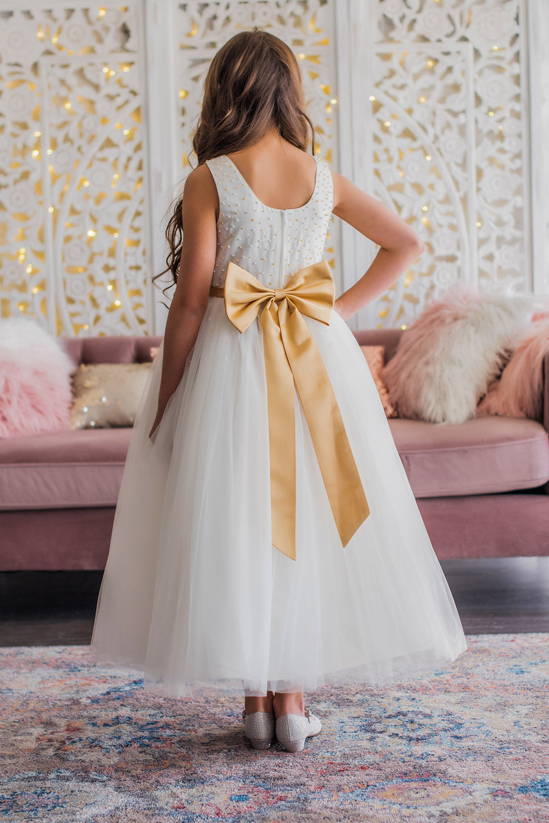 gold and ivory flower girl dress