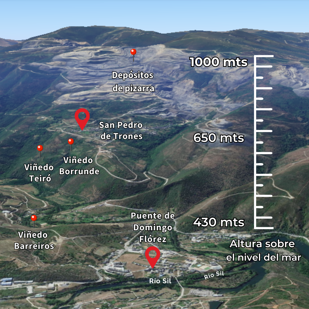 Mapa topográfico de la región de Puente de Domingo Flórez en El Bierzo que se caracteriza por la presencia de depósitos de pizarra