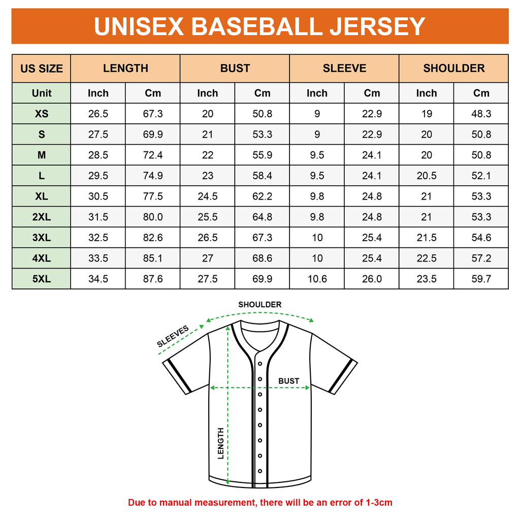Unisex Baseball Jersey Size Guide
